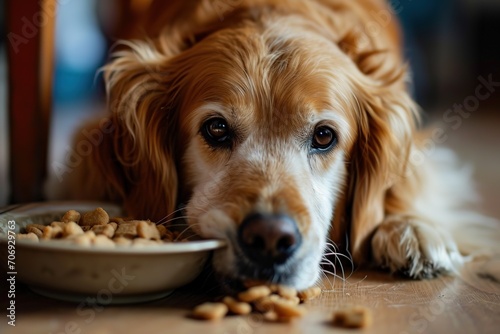 dog eating, golden retriever gazing soulfully while lying with a bowl of dog food, ideal for pet care banners