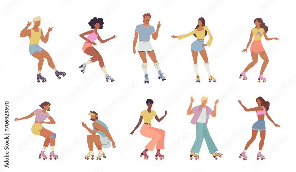 roller characetrs. cartoon minimalistic male and female characters, people skaters on rollerblades sport rollerskate activity. vector characters collection.