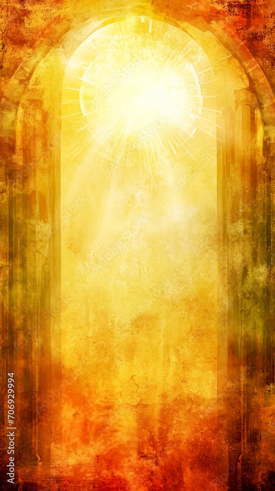 light emanating from an arched doorway, creating an intense and warm glow that symbolizes enlightenment, guidance, and a passage to the divine, textured golden backdrop, wisdom and spiritual awakening