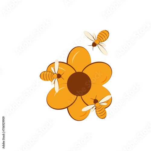 An orange flower on which bees sit.
Floriculture, beekeeping, gardening concept.
Flat vector illustration isolated on white background, eps 10.