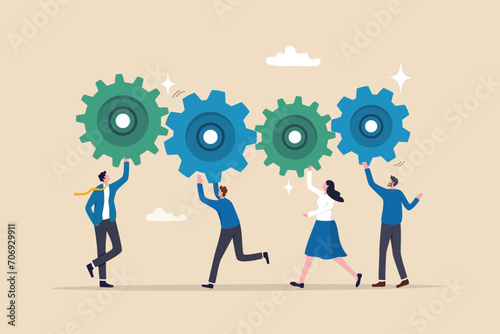 Work together, teamwork or cooperate to success, solution to team support for best efficiency or productivity, development or organization concept, businessman people connect gear cogwheels together.