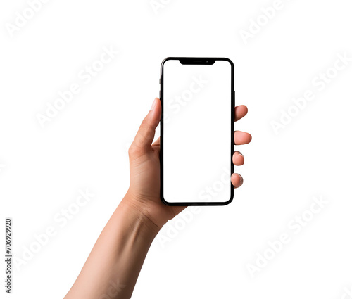 Hand with blank screen mobile phone mockup. Smartphone isolated on transparent or white background, PNG. Network technology, business, social media
