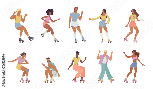 roller characetrs. cartoon minimalistic male and female characters, people skaters on rollerblades sport rollerskate activity. vector characters collection.