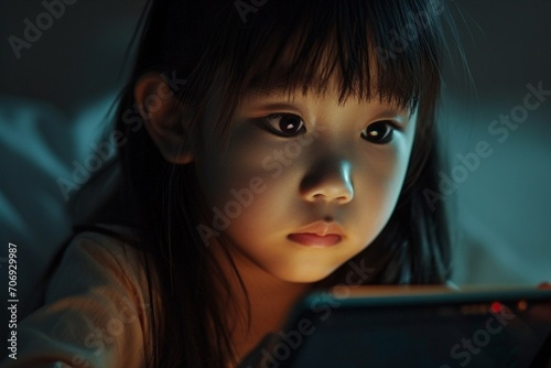 ten year old Asian girl with a pensive look, holding a tablet in her hands, trying to remember something. Child development concept. © Iulia