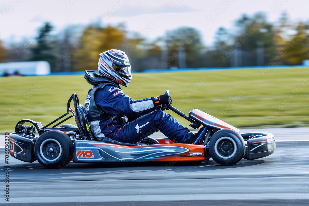 male kart racer drives quickly along the circuit of the autodrome, side view