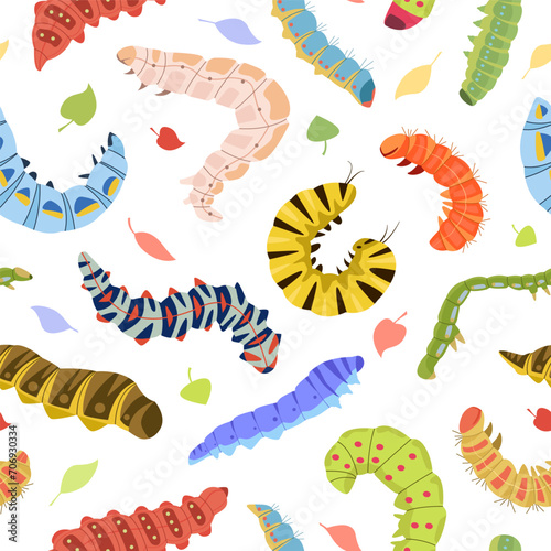 crawling worms pattern. collection biology, caterpillars grasshopper, ecology concept, cartoon funny fantasy fairy tale worms, wriggling. vector cartoon insects set.