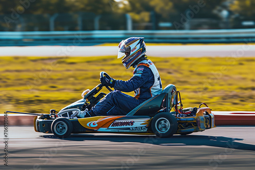 male kart racer drives quickly along the circuit of the autodrome, side view