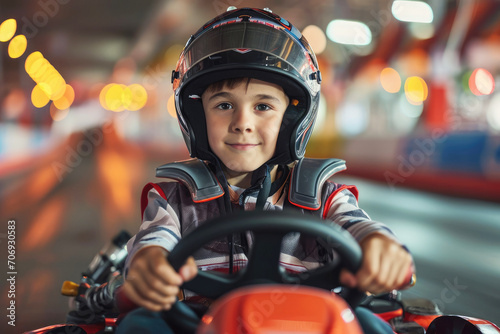 little boy racer in a helmet driving a go-kart on an indoor racing track close-up photo