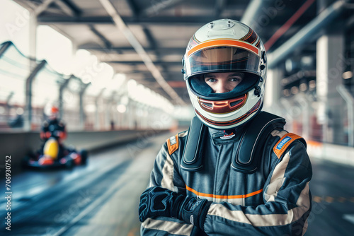 a racer in a helmet stands on an indoor karting track against the background of a karting car close-up photo