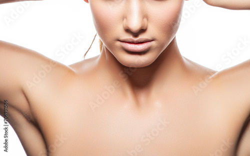 Close-up part of body with lips and neck of young woman. Isolated on white background