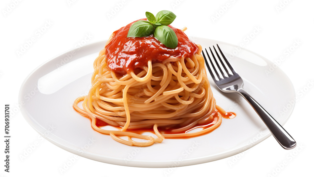 Delicious pasta spaghetti with tomato sauce garnished with a fresh basil leaf, cut out Delicious pasta spaghetti with tomato sauce garnished with a fresh basil leaf, cut out