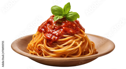 Delicious pasta spaghetti with tomato sauce garnished with a fresh basil leaf, cut out photo