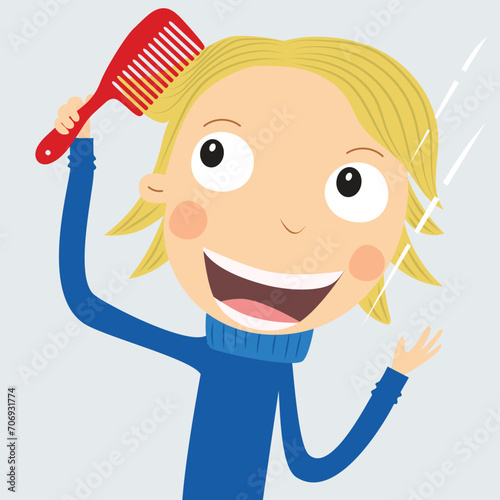 Blonde boy combing his hair. vector Illustration.