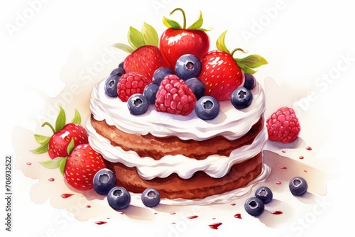 delicious cake with cream and berries on a white background