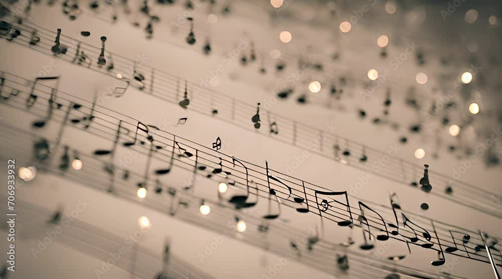 Atmospheric music background with notes on old paper. Generated AI footage. Musical notes dancing. Vintage sheet music notation manuscript with staff lines and musical notes moving gently across sheet