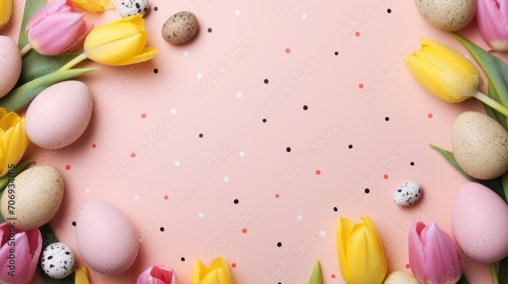 Flat lay of colorful Easter quail, chicken eggs and tulips on a delicate pastel pink background with copy space in the middle. Top view, mock up, overhead, template. Easter, holiday, spring concepts. Flat lay of colorful Easter quail, chicken eggs and tulips on a delicate pastel pink background with copy space in the middle. Top view, mock up, overhead, template. Easter, holiday, spring concepts.
