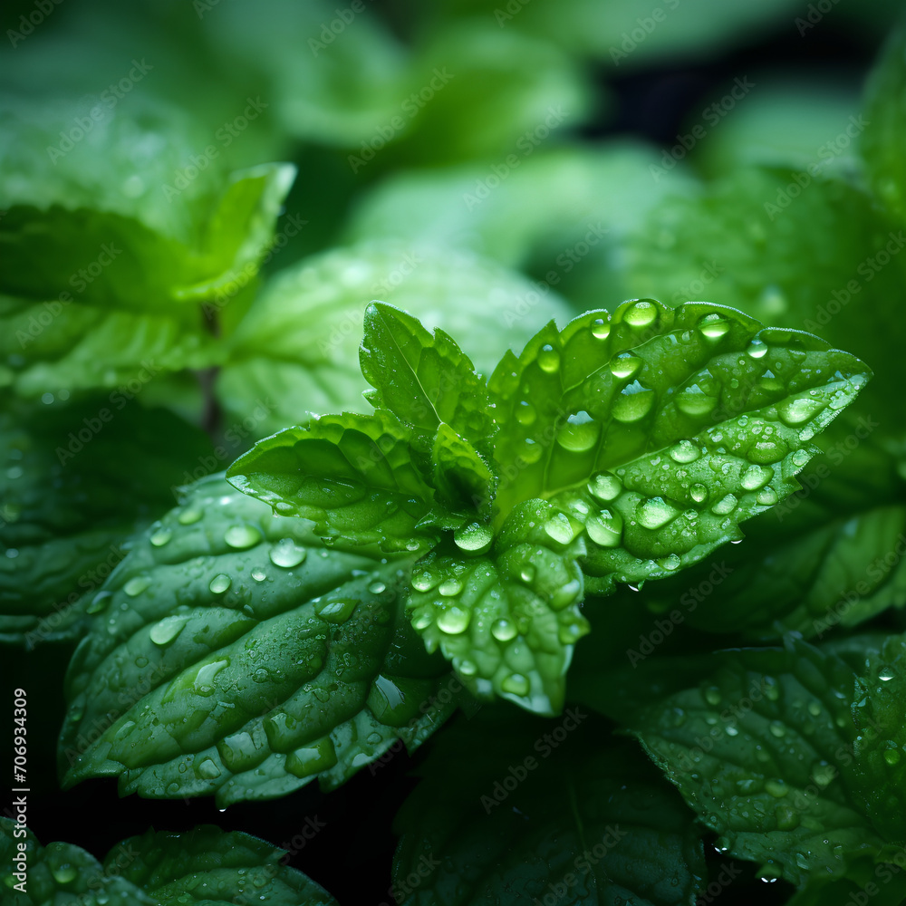 Create a realistic and detailed image of fresh spearmint leaves. The leaves should be vibrant green with distinct veins, possibly a garden or a natural environment, The lighting is early morning Create a realistic and detailed image of fresh spearmint leaves. The leaves should be vibrant green with distinct veins, possibly a garden or a natural environment, The lighting is early morning