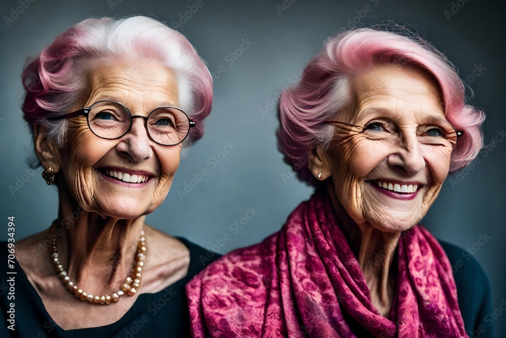 close-up professional studio photograph of a smiling senior white caucasian woman with pink hair in support of breast cancer awareness. close-up professional studio photograph of a smiling senior white caucasian woman with pink hair in support of breast cancer awareness.