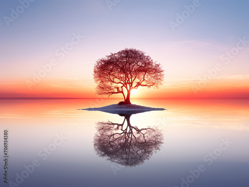 a tree on a small island in water