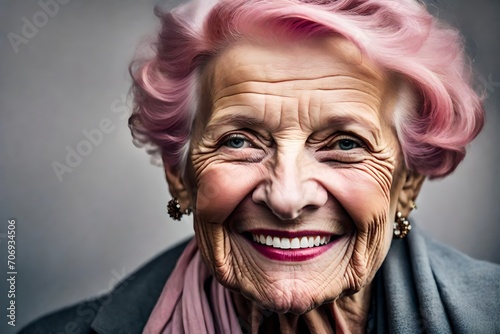 close-up professional studio photograph of a smiling senior white caucasian woman with pink hair in support of breast cancer awareness.