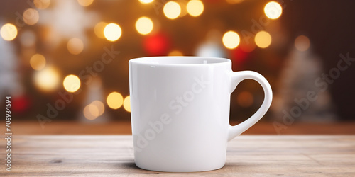red cup of coffee,White ceramic tea mug mockup with winter xmas decorations and copy space for your design.Hand holding cup on background of christmas tree in lights in evening room cozy winter time