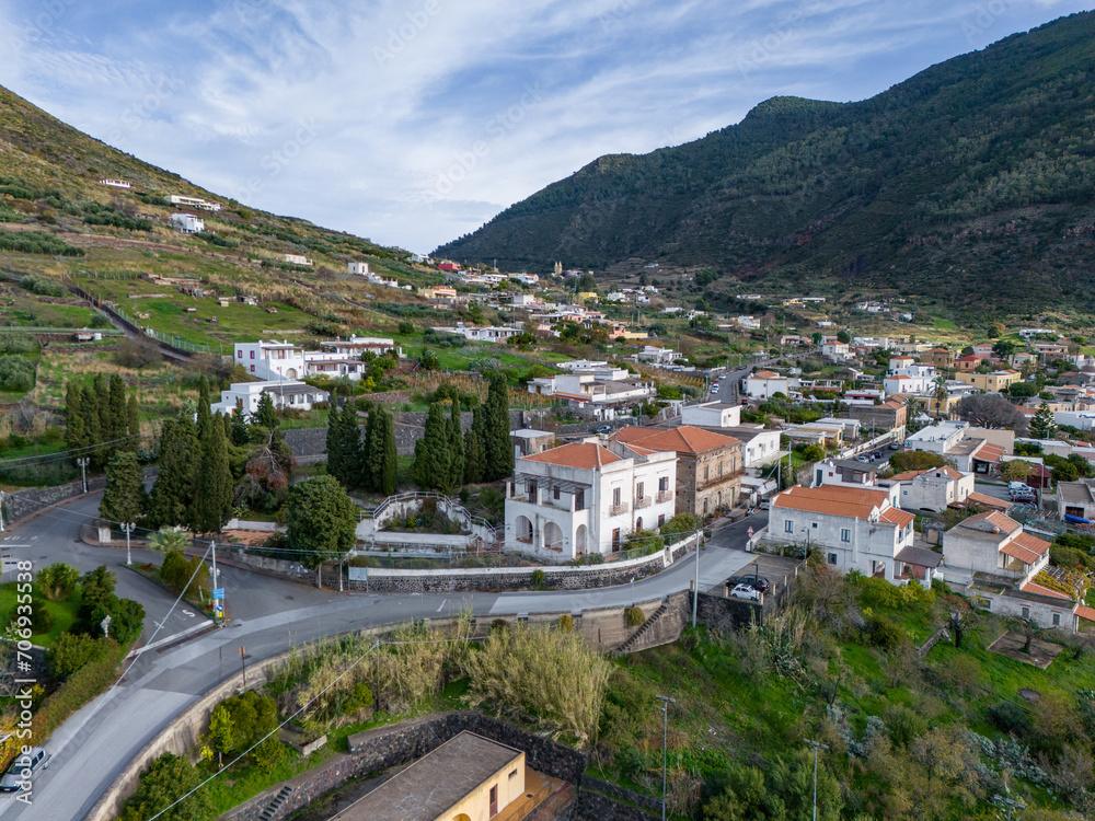 Naklejka premium Aerial View of Salina Island. City of Santa Marina Salina. Lipari Eolie Islands,Tyrrhenian Sea. Sicily, Italy.