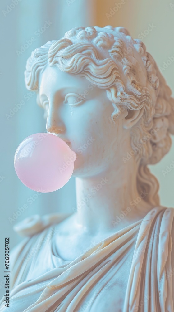 Ancient Greek goddess statue blowing a bubble of gum blurred background