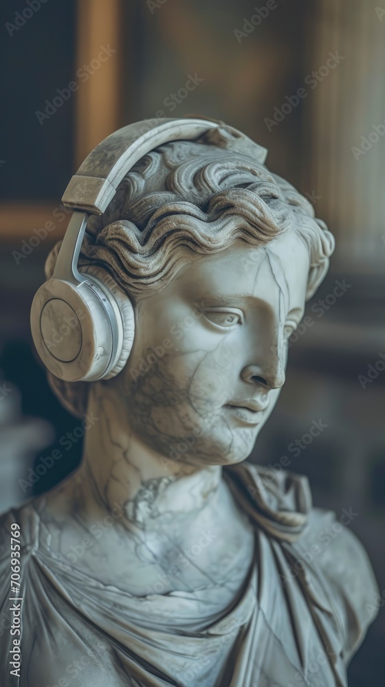 Ancient Greek goddess statue wearing headphones blurred background