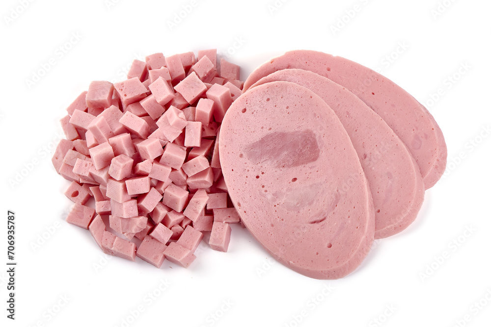 Boiled ham sausage slices, isolated on white background. Boiled ham sausage slices, isolated on white background.