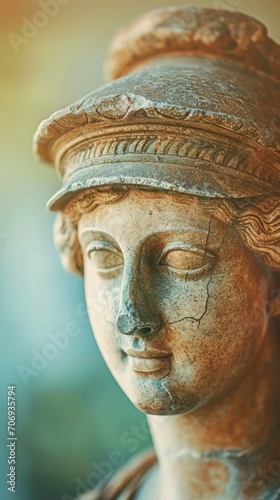 Ancient Greek goddess statue wearing snapback cap blurred background