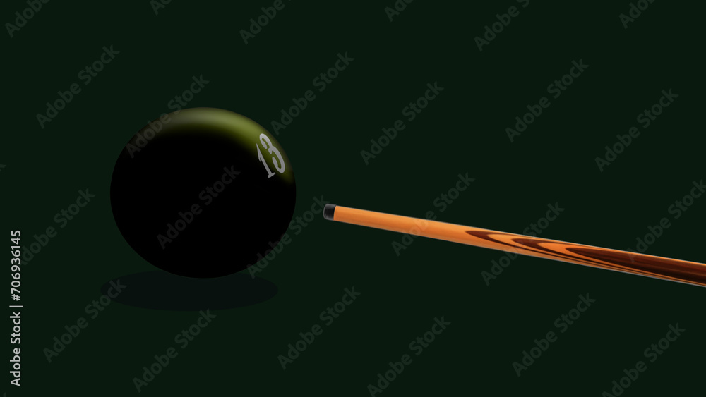 Black ball with number 13. Attributes for playing billiards, ball and cue. Black ball with number 13. Attributes for playing billiards, ball and cue.
