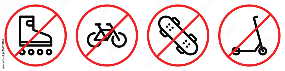 Set of prohibition line signs. No roller skates, bicycle, skateboard, kick scooter outline icons isolated on white background. Editable stroke. Vector graphics Set of prohibition line signs. No roller skates, bicycle, skateboard, kick scooter outline icons isolated on white background. Editable stroke. Vector graphics
