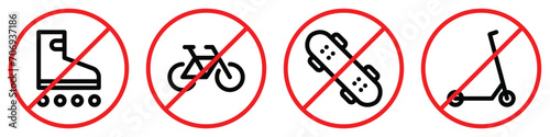 Set of prohibition line signs. No roller skates, bicycle, skateboard, kick scooter outline icons isolated on white background. Editable stroke. Vector graphics