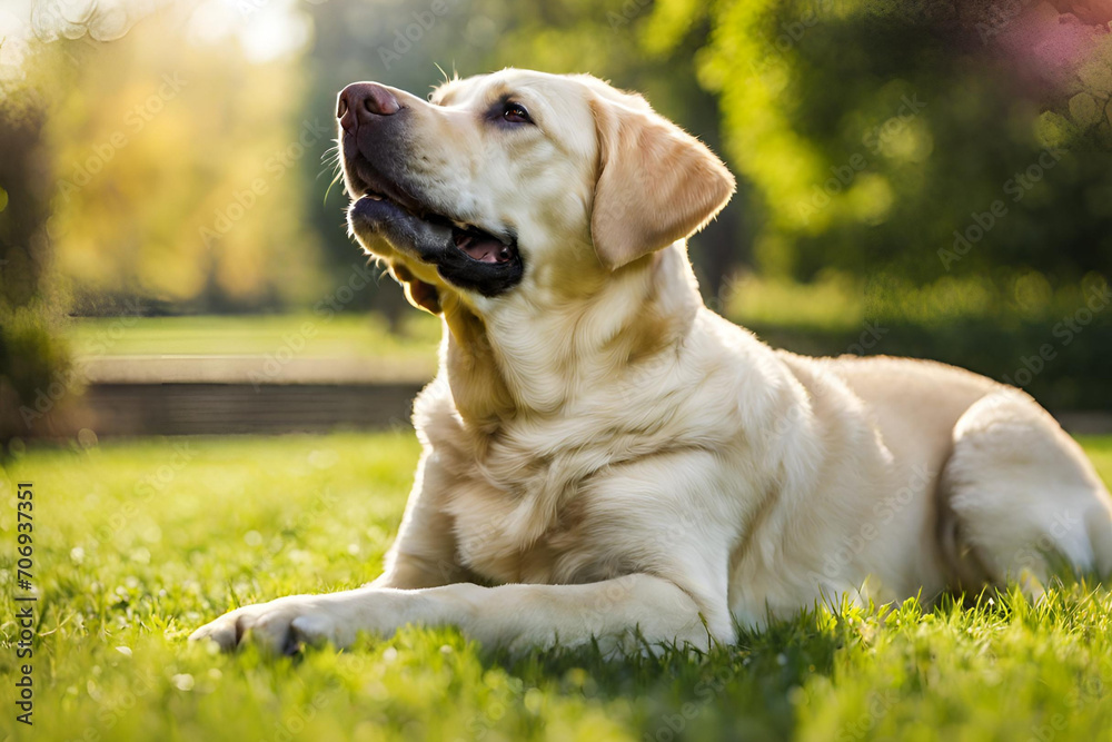 A Labrador retriever enjoying a sunny day in a park or garden A Labrador retriever enjoying a sunny day in a park or garden