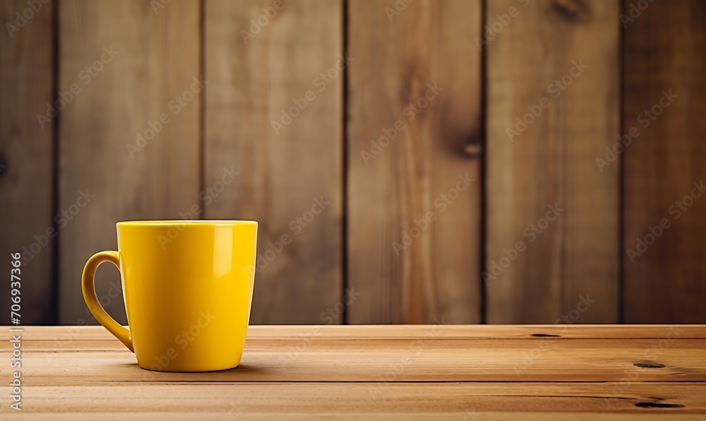 Yellow coffee mug on wooden table Yellow coffee mug on wooden table