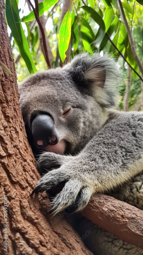 Fototapeta premium Koala sleeping on a tree, Vertical background 