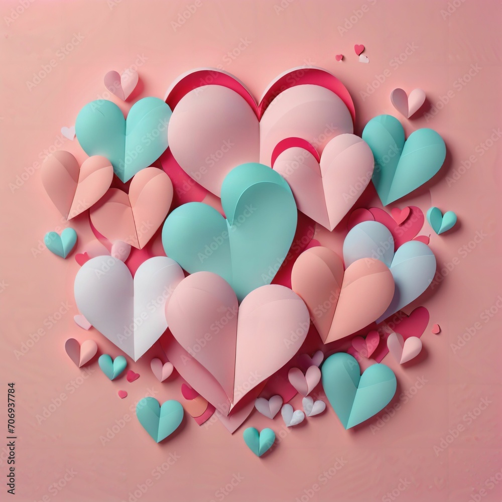 paper heart 3D illustration. AI generates images. Valentine background. pastel colour design. 3D render style. object geometric scene. romantic creative hand craft. cute shape idea. copy space