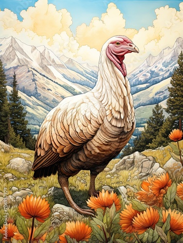 A Majestic Encounter: Merriam's Turkey Roaming Through Scenic Mountainous Farm with Delightful Farm Animals in Nature photo