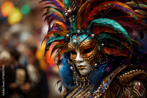 Close-up of an ornate Venetian carnival mask adorned with vibrant exotic feathers and intricate beadwork, embodying the festivitys spirit.Mardi Gras. © dargog