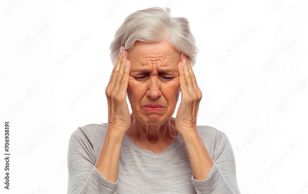 An elderly woman suffers from a headache and puts her hands on her temples An elderly woman suffers from a headache and puts her hands on her temples
