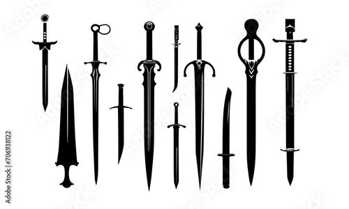 different timeless swords silhouettes or detailed vectors set