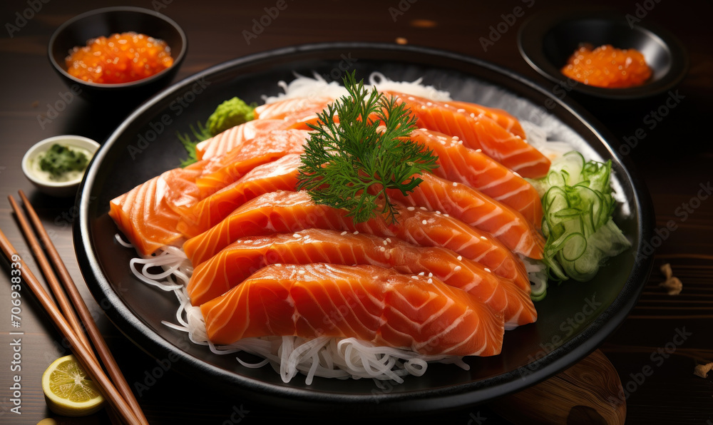 Fresh Sashimi-Style Salmon Slices Served on a Black Plate with Garnish and Soy Sauce on a Wooden Table, Traditional Japanese Cuisine for Gourmet Seafood Lovers Fresh Sashimi-Style Salmon Slices Served on a Black Plate with Garnish and Soy Sauce on a Wooden Table, Traditional Japanese Cuisine for Gourmet Seafood Lovers