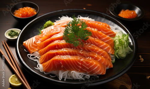 Fresh Sashimi-Style Salmon Slices Served on a Black Plate with Garnish and Soy Sauce on a Wooden Table, Traditional Japanese Cuisine for Gourmet Seafood Lovers