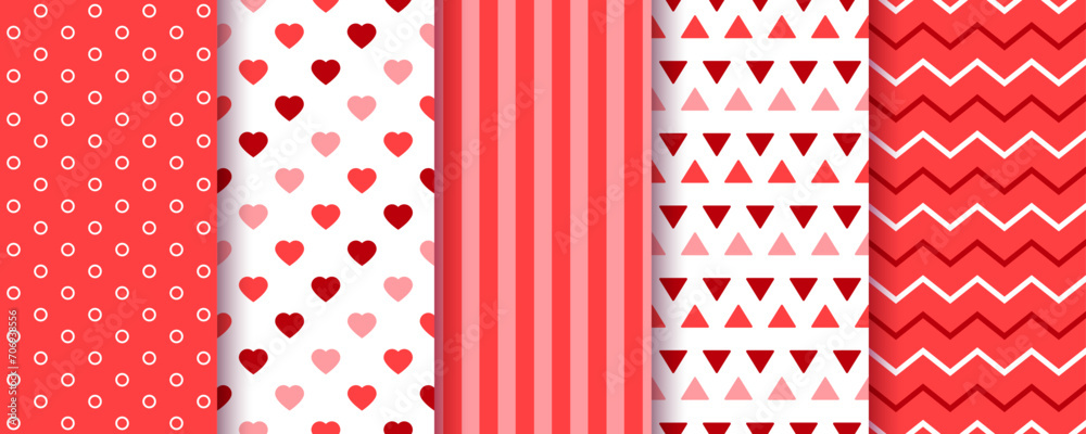 Valentine seamless pattern. Red backgrounds. Romantic textures with hearts, stripes, polka dot, zigzag and triangle. Set retro prints. Holiday packing papers for scrap design. Vector illustration Valentine seamless pattern. Red backgrounds. Romantic textures with hearts, stripes, polka dot, zigzag and triangle. Set retro prints. Holiday packing papers for scrap design. Vector illustration