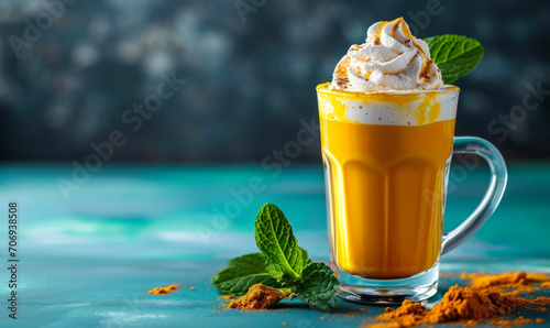 Refreshing Turmeric Latte with Whipped Cream and a Mint Leaf, a Healthy Golden Milk Beverage on a Blue Background with Copy Space