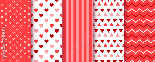 Valentine seamless pattern. Red backgrounds. Romantic textures with hearts, stripes, polka dot, zigzag and triangle. Set retro prints. Holiday packing papers for scrap design. Vector illustration