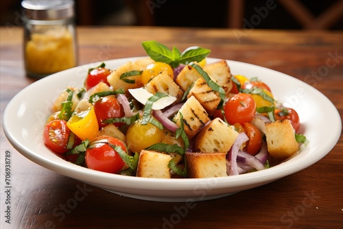 Appetizing Panzanella Salad with Fresh Ingredients and Copy Space for Restaurant Menu