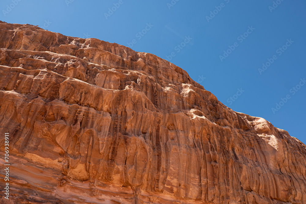 Red rock formation and mountain in Wadi Rum desert in Jordan