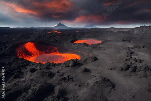 A volcanic landscape with craters and lava flows from a high altitude