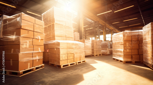 Retail warehouse full of shelves with goods in cardboard boxes, with pallets. Logistics and transport. Product distribution center. Selective focus.